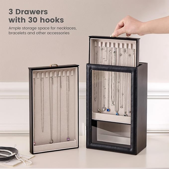 Lolalet Necklace Organizer Box, Jewelry Storage Box with Clear Window for Necklaces Bracelets, Tangle-Free Necklace Display Case for Women Girls, Black, 3 Layers 30 Hooks