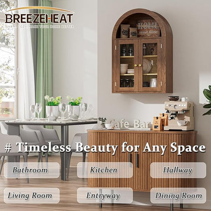BREEZEHEAT Bathroom Medicine Cabinet Wall Mount-Over The Toilet Storage Cabinet-Arched Wall Cabinet with Glass Doors & Adjustable Shelves, Wood Cabinet for Laundry Room, Kitchen, Living Room, Walnut