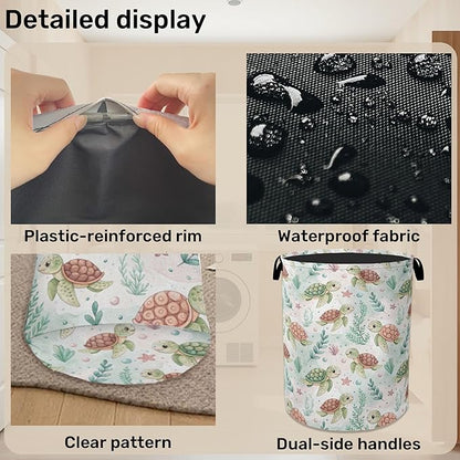 Cartoon Turtle Large Clothes Hamper Bag - Laundry Basket with Handles, Space Saving Foldable Design for Nursery