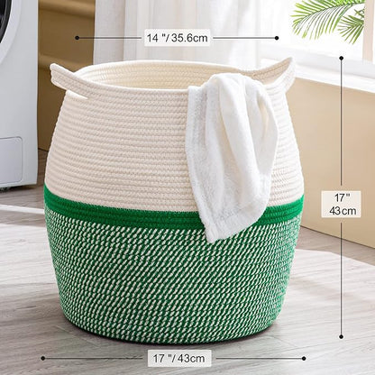 KAKAMAY Woven Baskets for Storage(17"x17"),Large Cotton Rope Woven Baby Laundry Hamper,Collapsible Laundry Basket, Blanket Basket for Organizing Living Room,Nursery,Pillows,Toy Chest(Green)