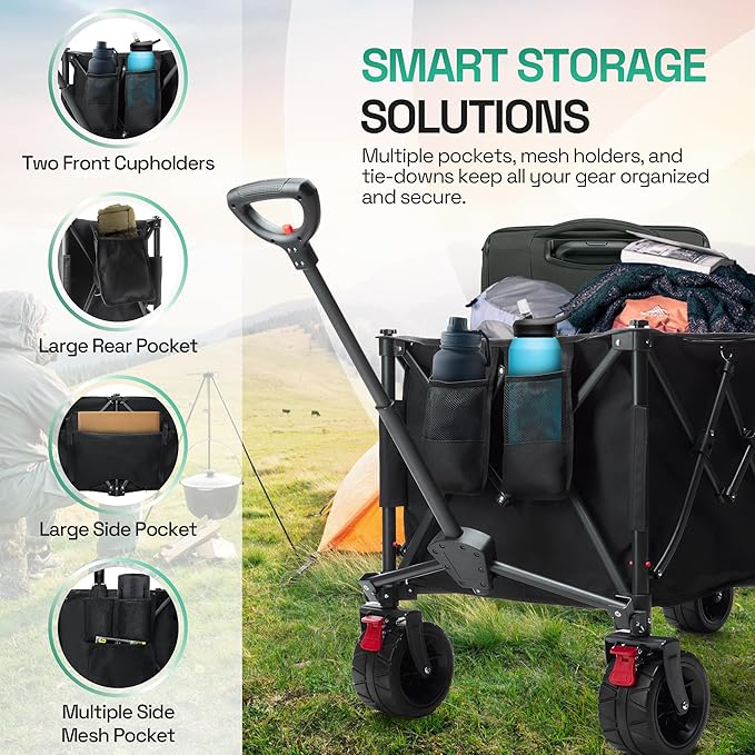 TerrainGO Foldable Utility Wagon Cart with Interchangeable All Terrain Wheels Patent Pending Collapsible Beach Wagon - Camping Essentials with Cooler Pouch, Storage Pockets, and Cup Holders