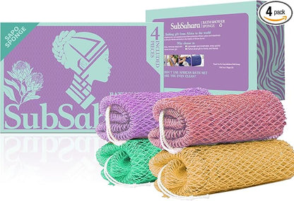 SubSahara Authentic African Net Sponge - 4 Pack Exfoliating Bath & Shower Loofah Sponge for Body & Face, Gentle Scrubber for All Skin Types, Travel, Durable