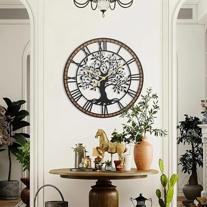 Micasso Non-Ticking Large Wall Clock: 27Inch Tree of Life Metal Black with Solid Wood Frame - Battery Operated Silent Clock for Living Room/Office/Bedroom/Kitchen - Home Decor for Porfessional
