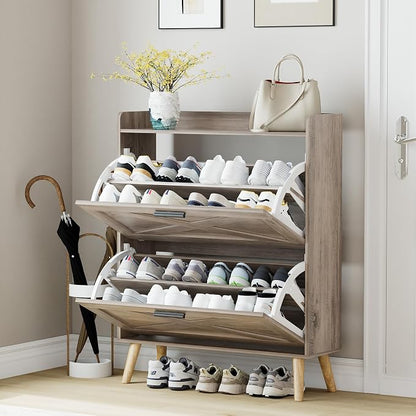 Homleke 32" W Farmhouse Shoe Storage Cabinet with 2 Flip Drawers and Barn Door Design, Adjustable Shelves, Modern Hidden Slim Narrow Shoe Rack Cabinet for Entryway, Foyer, Hallway, Living Room, Greige