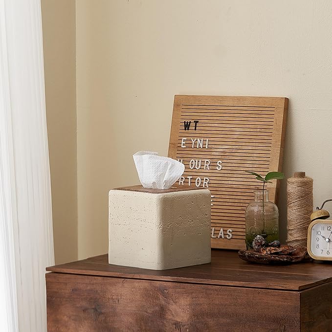 Natural Travertine & Wood Textures Tissue Box Cover Square for Home Decor,Resin Heavy Tissue Box Holder for Bathroom Countertop,Tabletop,Bedside Table,Office (Handmade of Resin)