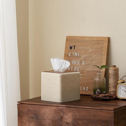 Natural Travertine & Wood Textures Tissue Box Cover Square for Home Decor,Resin Heavy Tissue Box Holder for Bathroom Countertop,Tabletop,Bedside Table,Office (Handmade of Resin)