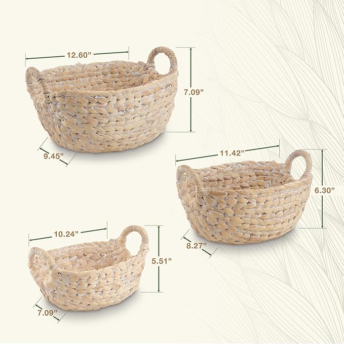 Set of 3 Wicker Storage Baskets for Organizing - Woven Decorative Baskets with Handles - Organizers for Bathroom, Kitchen, and Shelves (White)