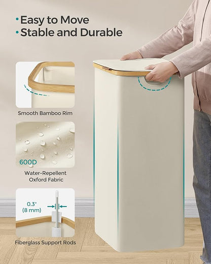 SONGMICS Laundry Hamper with Lid, Large Laundry Basket, 23.8 Gallons (90L), Removable Mesh Liner, Bamboo Handles, Collapsible, 16.5 x 12.6 x 27.8 Inches, Cream White ULCB509W01