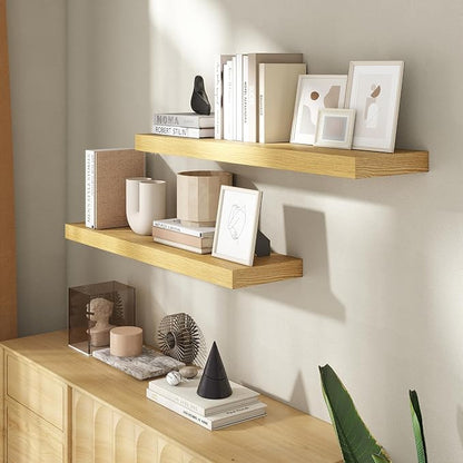 36 Inch Floating Shelves for Wall, 8 Inch Deep Floating Shelf for Storage & Display, Rustic Wall Mounted Shelf with Invisible Brackets for Living Room, Kitchen, Bathroom, Home Decor, Set of 2, Oak