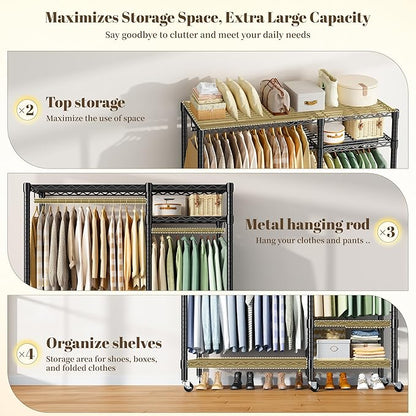Raybee Portable Closet 780LBS, Heavy Duty Clothes Rack, Rolling Freestanding Clothing Rack with 3 Hanging Rods & 6 Shelves, Adjustable Wardrobe Closet Organizer System
