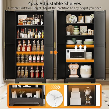 71" Tall Metal Pantry Storage Cabinet with Doors and 4 Adjustable Shelves, Black Kitchen Food Pantry Cabinets, Tall Freestanding Cupboard for Kitchen, Dining Room or Living Room, Black