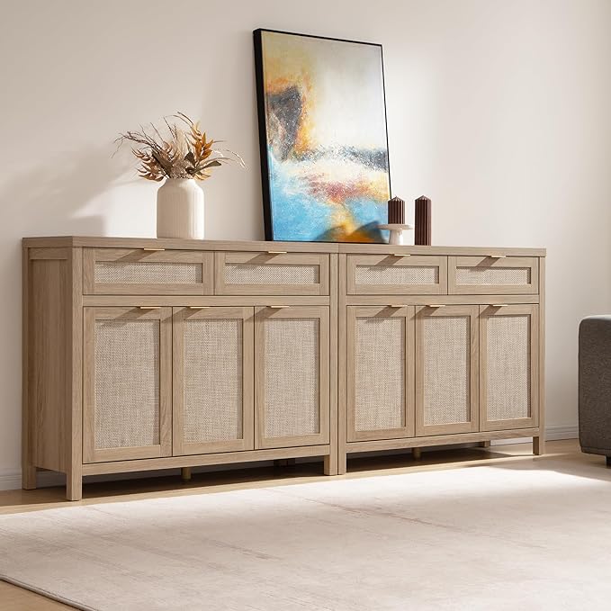 SICOTAS Rattan Sideboard Buffet Cabinet with Storage, Boho Credenza Accent Cabinet with 3 Doors and 2 Drawers, Farmhouse Console Coffee Bar for Kitchen, Living Room, and Entryway, Light Oak