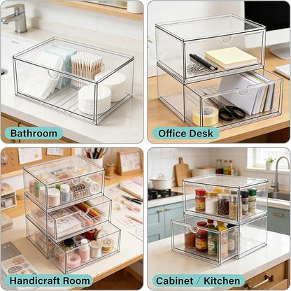 Prsildan Acrylic Makeup Organizer, 2 Pack Stackable Clear Storage Drawers for Baby Bottles Desk Organizers with 2 Drawers for Countertop Vanity Nursery Modular System for Cosmetics Jewelry