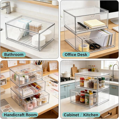 Prsildan Acrylic Makeup Organizer Stackable Clear Storage Drawers for Baby Bottles Desk Organizers for Countertop Vanity Nursery Adjustable Modular System for Cosmetics Jewelry