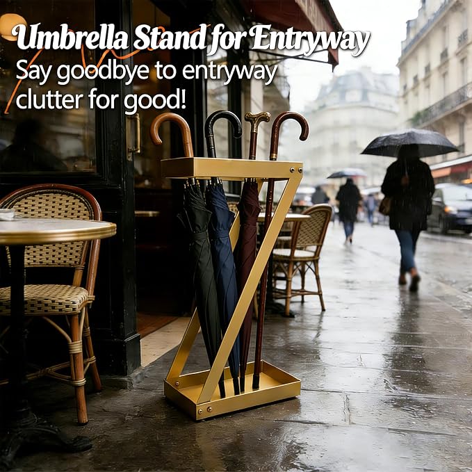 Gold Entryway Umbrella Holder - Indoor Umbrella Stand with Hooks, Stores Umbrellas & Canes, Anti-tip Design for Homes, Offices, Hotel Lobbies
