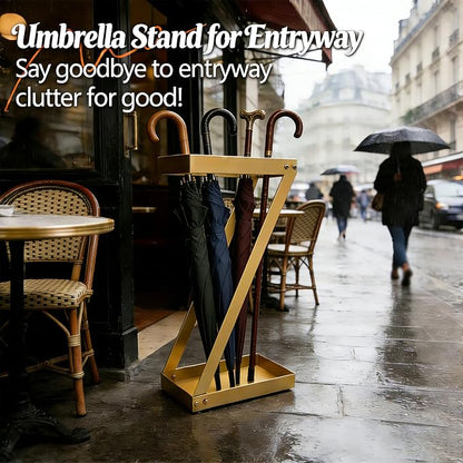 Gold Entryway Umbrella Holder - Indoor Umbrella Stand with Hooks, Stores Umbrellas & Canes, Anti-tip Design for Homes, Offices, Hotel Lobbies
