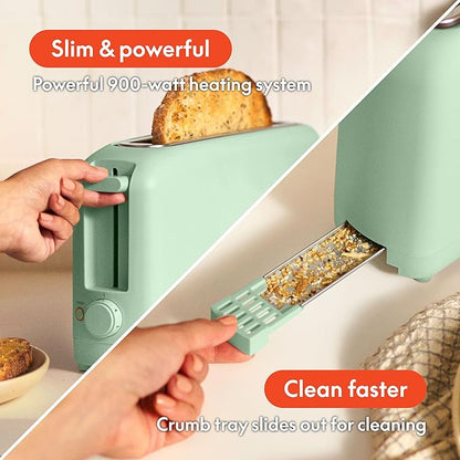 bella 2 Slice Slim Toaster, Fits-anywhere™ Kitchenware, 6 Setting Shade Control with Reheat & Cancel Buttons, Fits Sourdough, 10” Long Slot, Anti Jam & Auto Shutoff, 900 Watt, Seaglass