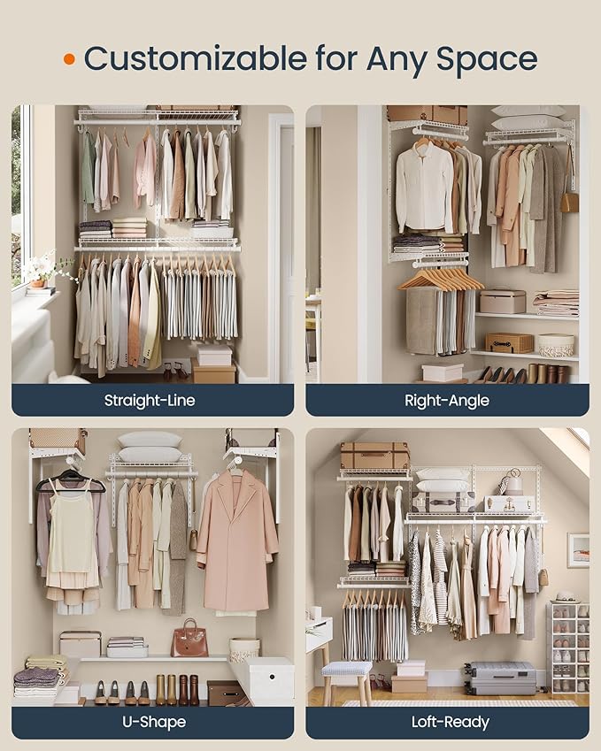 SONGMICS HOME Closet System, Closet Insert Organizer, 4-6 ft, Adjustable Metal Shelving Unit with 4 Hanging Rods, 4 Shelves, and Hooks, for Pantry Mudroom Garage Basement, Cloud White URGR031W01