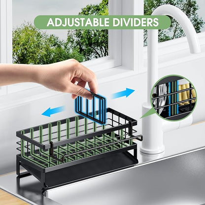 DYFVREN Self-Draining Kitchen Sink Caddy, Rustproof Non-Slip Sponge Holder with Detachable Dish Cloth Holder (Black)