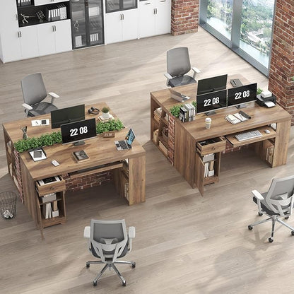 HSH 55 Inch Executive Office Desk with Drawers, Farmhouse Computer Desk with Keyboard Tray and Storage, Rustic Wood Work Study Writing Pc Table Studio Desks Home Workstation with Shelves and Cabinet