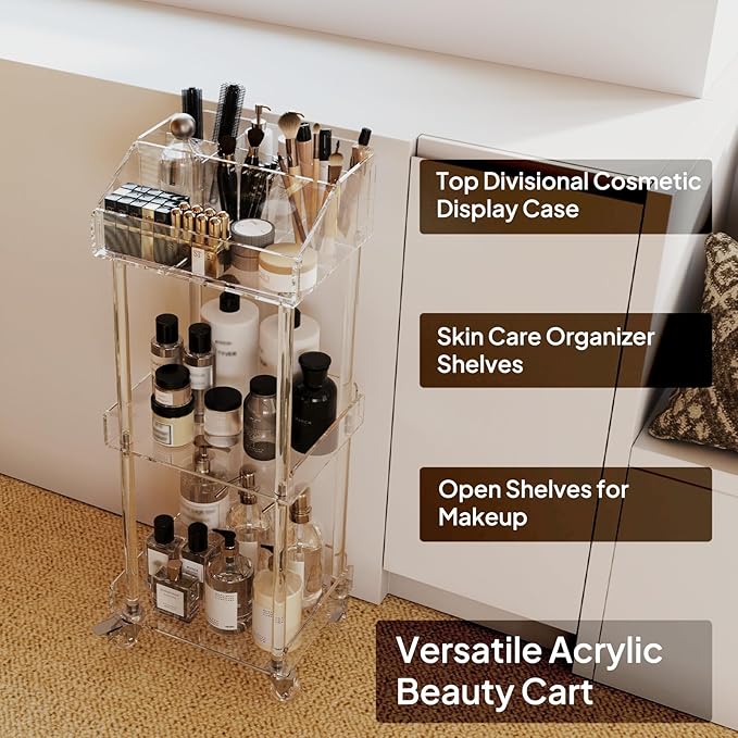 Aquiver Acrylic Makeup Organizer Storage Cart - 3 Tier Rolling Makeup Cart Vanity Organizer - Cosmetics Display Cases Holder for Skincare Cosmetics, 11.8'' L x 9.8'' W x 31.7'' H, Clear