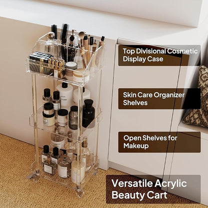 Aquiver Acrylic Makeup Organizer Storage Cart - 3 Tier Rolling Makeup Cart Vanity Organizer - Cosmetics Display Cases Holder for Skincare Cosmetics, 11.8'' L x 9.8'' W x 31.7'' H, Clear