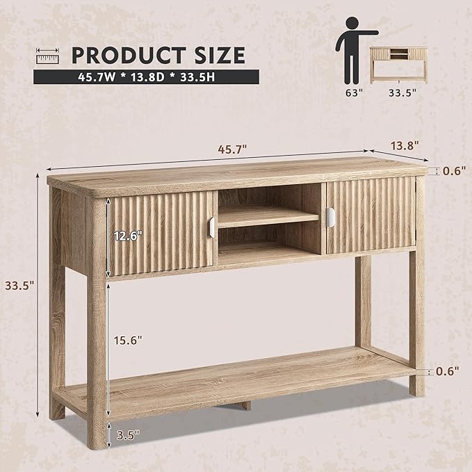 Console Table Fluted with 8 Storage Shelves & 2 Doors, Modern Entryway Table Behind Couch with Open Storage Shelf, Entry Table for Hallways,Entryway, Living Room,Wooden, Oak