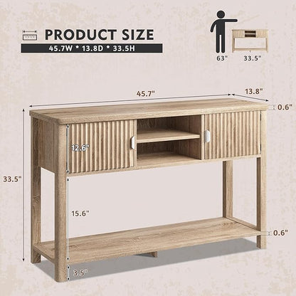 Console Table Fluted with 8 Storage Shelves & 2 Doors, Modern Entryway Table Behind Couch with Open Storage Shelf, Entry Table for Hallways,Entryway, Living Room,Wooden, Oak