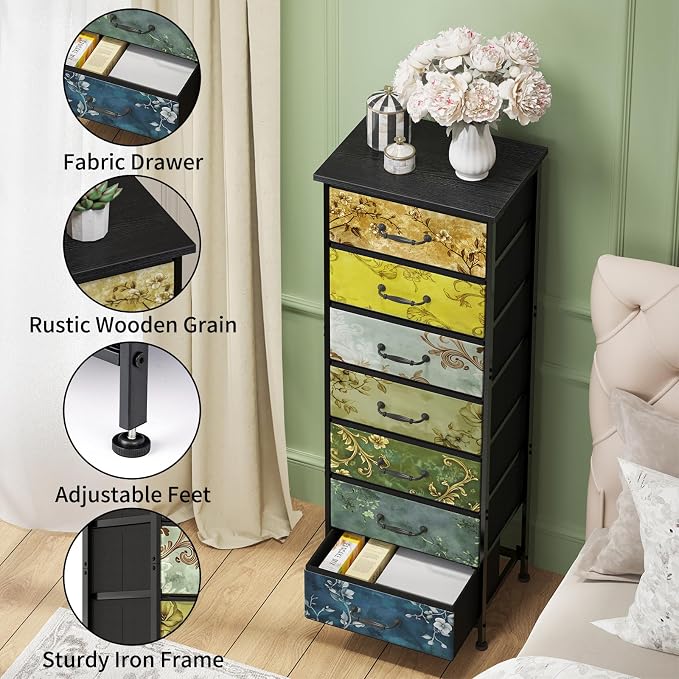 Fixwal Vintage Flower Tall Dresser for Bedroom, Storage Dresser Organizer with 7 Fabric Drawers, Nightstand Furniture in Closet, Entryway