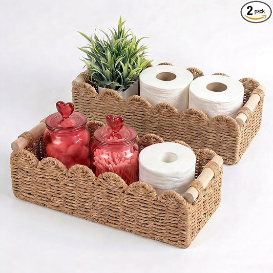 2-Pack Scalloped Woven Paper Rope Baskets with Wood Handles – Toilet Paper Storage Basket for Tank & Counter, Decorative Bins for Bathroom, Shelves, and Living Room