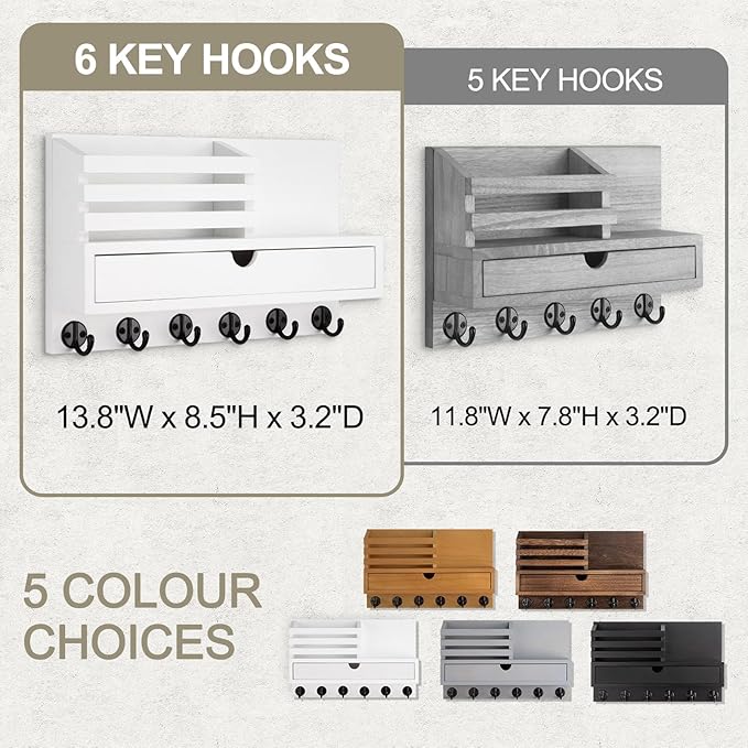 Key Holder Wall Mount, Mail Holder with Storage Drawer and 6 Key Hooks for Coat, Dog Leash, Home Decor Rack, House Accessories, Entry Way Organizer