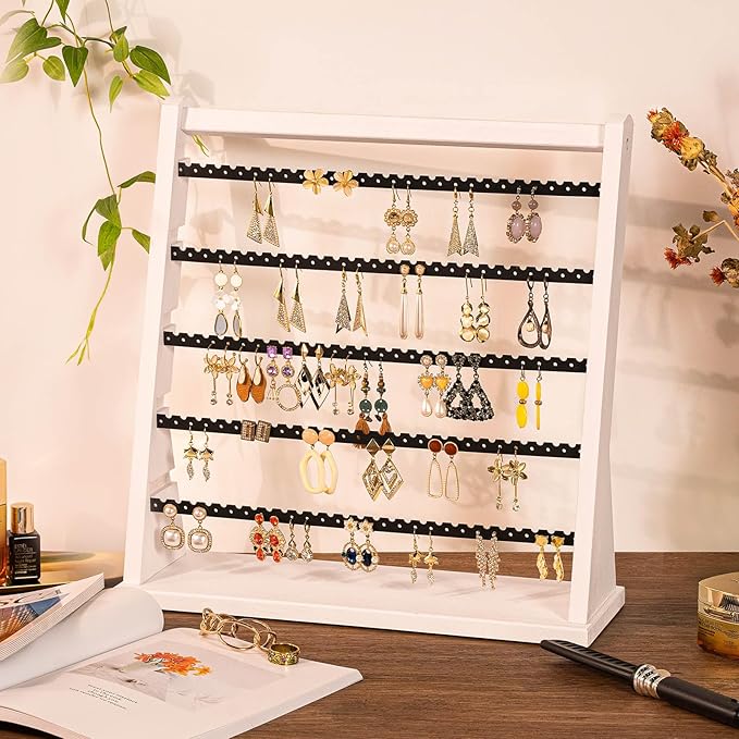 Poyilooo Earring Holder Organizer, Rustic Wood Earring Holder Stand, 5 Layer Jewelry Holder Organizer with 270 Earring Tree Holes Display Rack for Stud Earings & Hoop Earrings, Gifts for Women