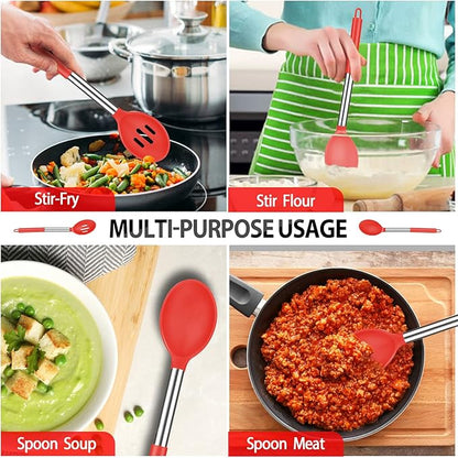 Pack of 4 Large Silicone Cooking Spatulas and Spoons, Slotted and Solid Stainless Steel Cooking Utensils Set, Non-stick Heat Resistant Kitchen for Baking, Fried, Stir-Fry, Mixing, Serving (Red)
