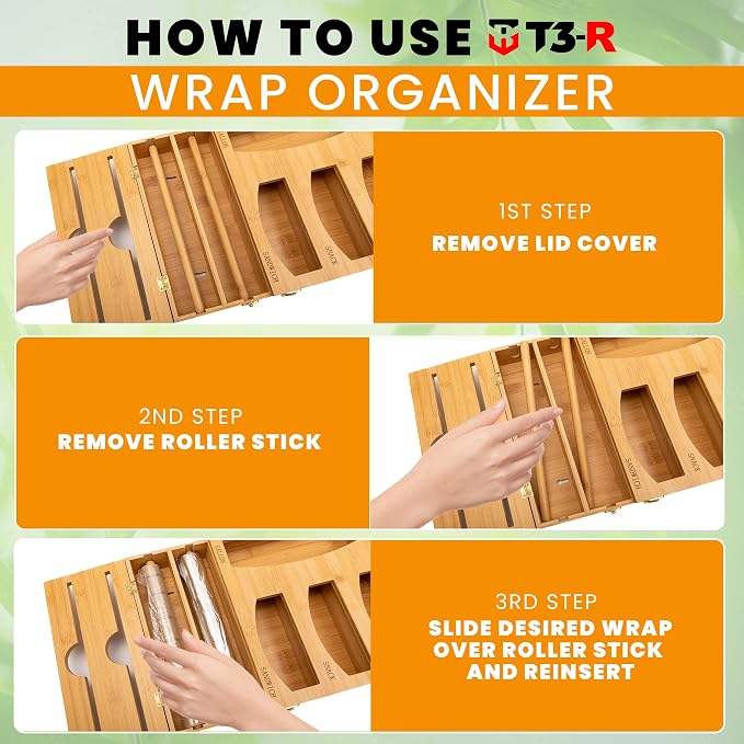T3-R Bamboo Wrap Organizer - 6-in-1 Dispenser with Cutter for Sandwich Bags, Aluminum Foil, Wax Paper and Plastic Wrap