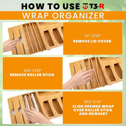 T3-R Bamboo Wrap Organizer - 6-in-1 Dispenser with Cutter for Sandwich Bags, Aluminum Foil, Wax Paper and Plastic Wrap
