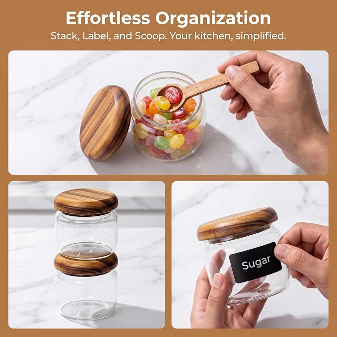 4-Pack 10 fl oz Wide Mouth Mason Jars with Spoon & Labels, Acacia Wood Lids, Press Seal, No Plastic, for Food, Snacks, Candy, Fruits, Coffee Beans, Spices & Dry Storage, Pantry Organizer.