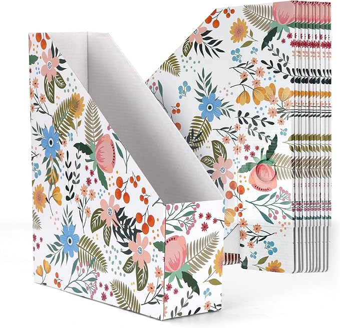 EXYGLO 12 Pack Magazine File Holder, Cardboard Magazine Rack with Label, Foldable Storage Organizer Box for Book, Documents, Floral Design, 9.9x3.3x12 Inches