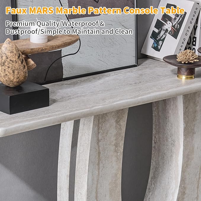 55" Console Table for Entryway, Narrow Sofa Entrance Table with Faux Mars Marble Pattern, Modern Sofa Tables with U-Shaped Base for Living Room, Hallway, Foyer, Home Office, Beige Light