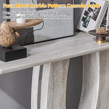 55" Console Table for Entryway, Narrow Sofa Entrance Table with Faux Mars Marble Pattern, Modern Sofa Tables with U-Shaped Base for Living Room, Hallway, Foyer, Home Office, Beige Light
