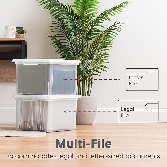 IRIS USA File Box, Plastic File Organizer with Lids for Letter/Legal File, Portable Document Box For Moving, Storage Bin with Durable and Secure Lid, Stackable Nestable BPA-Free, Black 35 Qt. 4 Pack