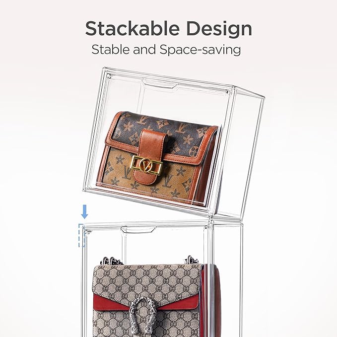 HBlife 5 Pack Purse Storage Organizer for Closet, Medium Clear Stackable Handbag Display Case Box with Magnetic Door for Collectibles, Cosmetics, Women Heels and Toys