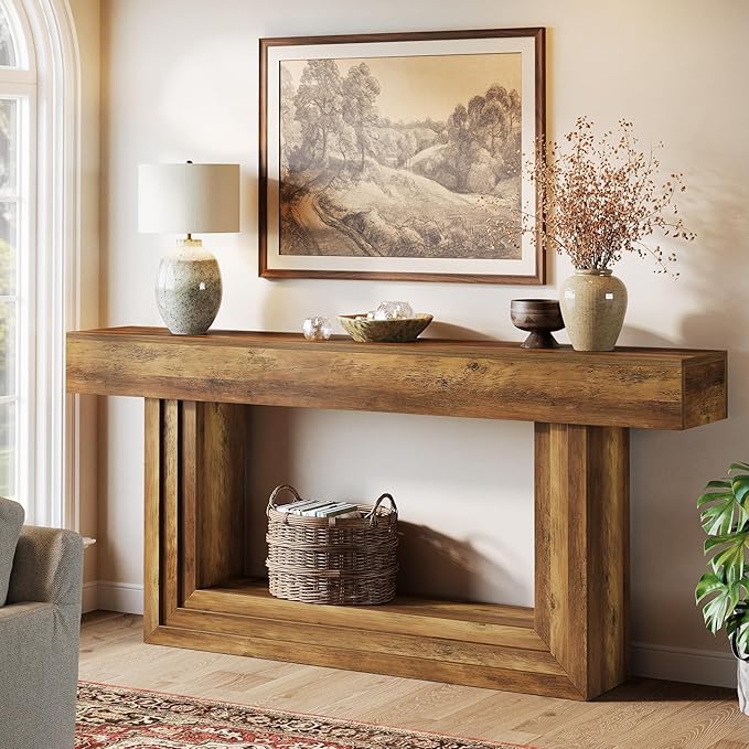 Tribesigns 63" Narrow Console Table, 2-Tier Long Entryway Table with Framed Base, Farnhouse Console Behind Couch for Living Room Hallway, Brown