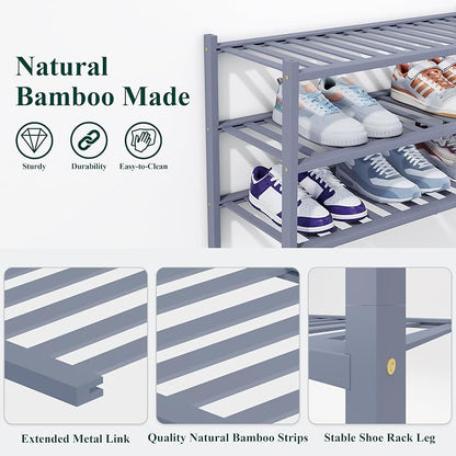 Smiry Bamboo Shoe Rack, 6 Tier Free Standing Wooden Shoe Organizer, Stackable Wood Shoe Storage Shelf for Closet, Entryway, 14 Vertical Slats, 2+2+2 Stack Heavy-Duty Legs, 26.8"x11"x39", Grey