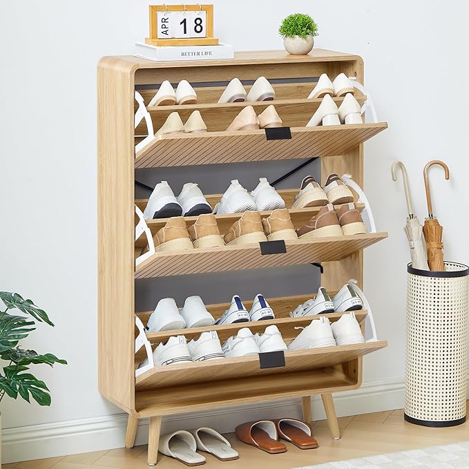 Narrow Shoe Cabinet Storage for Entryway,Slim Shoe Cabinet with 2 Flip Drawers, Fluted Shoes Rack Organizer (All Natural, 3 Drawers)