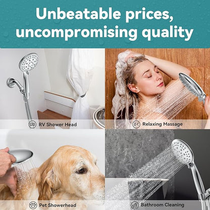 High Pressure Shower Head with Handheld, JDO 6 Spray Settings Handheld Showerhead, 4.3" High Flow Rain Showerhead Set with 59" Stainless Steel Hose and Adjustable Bracket for Bathroom, Gym, Hotel