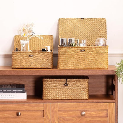 Nonam Storage Basket with Lid, Natural Seagrass Bin with Lid Set of 3, Shelf Baskets Multipurpose Container for Boho Decoration, Rectangular Household Storage Boxes for Home Organization-Natural