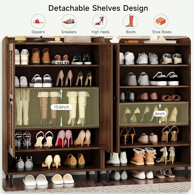 ONBRILL Shoe Cabinet with Cross Molding Doors, 6-Tier Shoe Storage Cabinet with 3 Adjustable Shelves and Metal Legs, 45'' Tall Shoes Rack Organizer Cabinet for Entryway, Front Door, Walnut