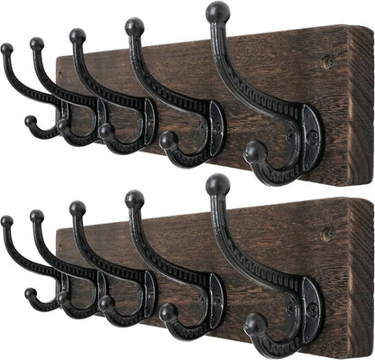 WEBI Rustic Coat Rack Wall Mount,5 Cast Iron Coat Hooks Wall Mounted,Heavy Duty Wood Wall Coat Hanger Hooks for Hanging Coats,Jacket,Clothes,Backpack,Farmhouse,Weathered Brown,2 Packs