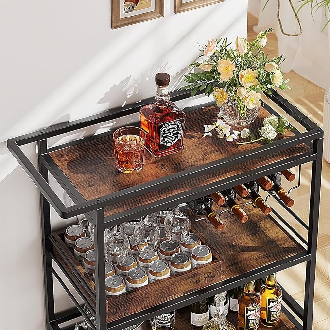 Leteuke Bar Cart for Home, 3 Tier Black Serving Rolling Carts with Wheels, Drink Cart, Liquor Stand with Removable Tray, Wine Rack and Glass Holder for Kitchen, Outdoor, Dining Room-Black Brown