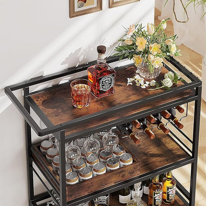 Leteuke Bar Cart for Home, 3 Tier Black Serving Rolling Carts with Wheels, Drink Cart, Liquor Stand with Removable Tray, Wine Rack and Glass Holder for Kitchen, Outdoor, Dining Room-Black Brown